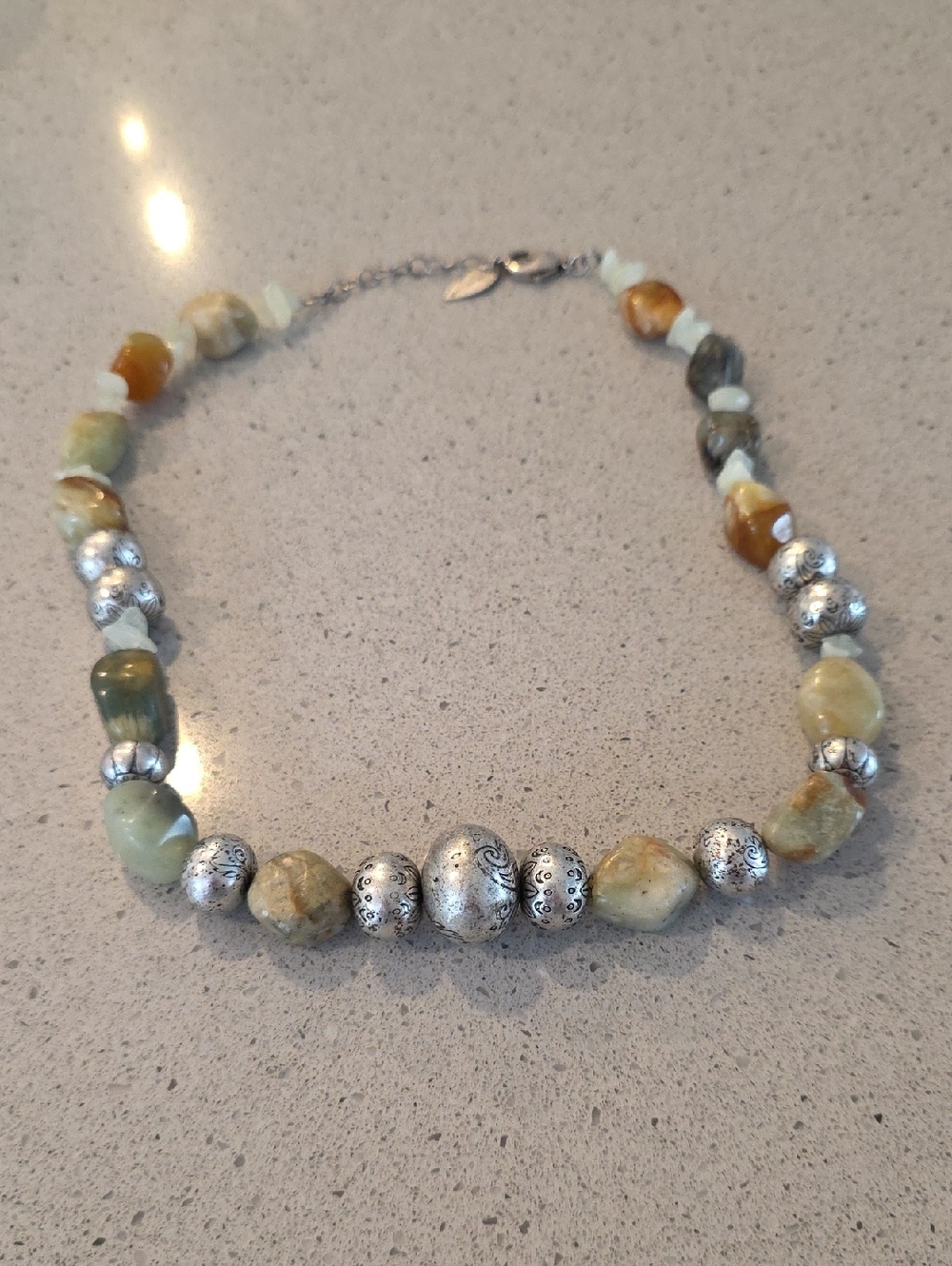 Coldwater Creek Green and Brown Stone Necklace with Silver Beads